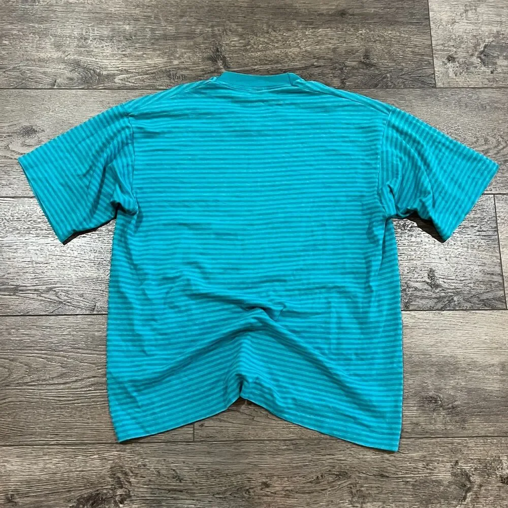Vintage 80s Fruit Of The Loom Striped Shirt Teal Made in USA Single Stitch Large - Picture 4 of 6